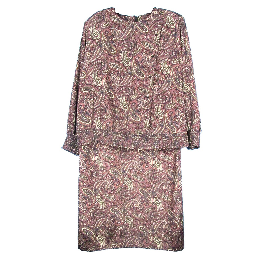 VTG DIANE ROBERTS Georgette PAISLEY SHIFT DRESS Smock Dropped Waist 16-1/2, XL